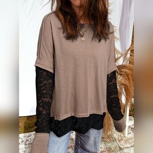 Women's Tan and Black Layered Lace Top